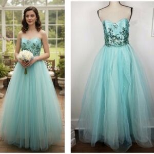 Vtg Deb Blue Sweetheart Strapless Tulle Sequined Special Occasion Prom Dress 7/8